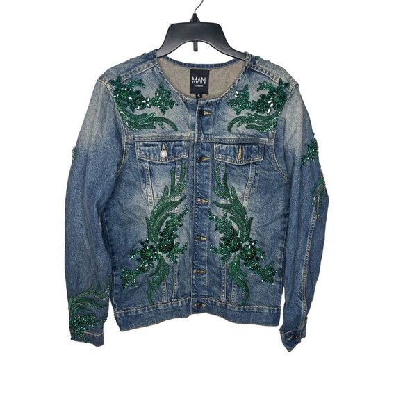 BoohooMAN Other - BoohooMAN Men's Embellished King Denim Jacket S Blue & Green Beaded Embroidery S